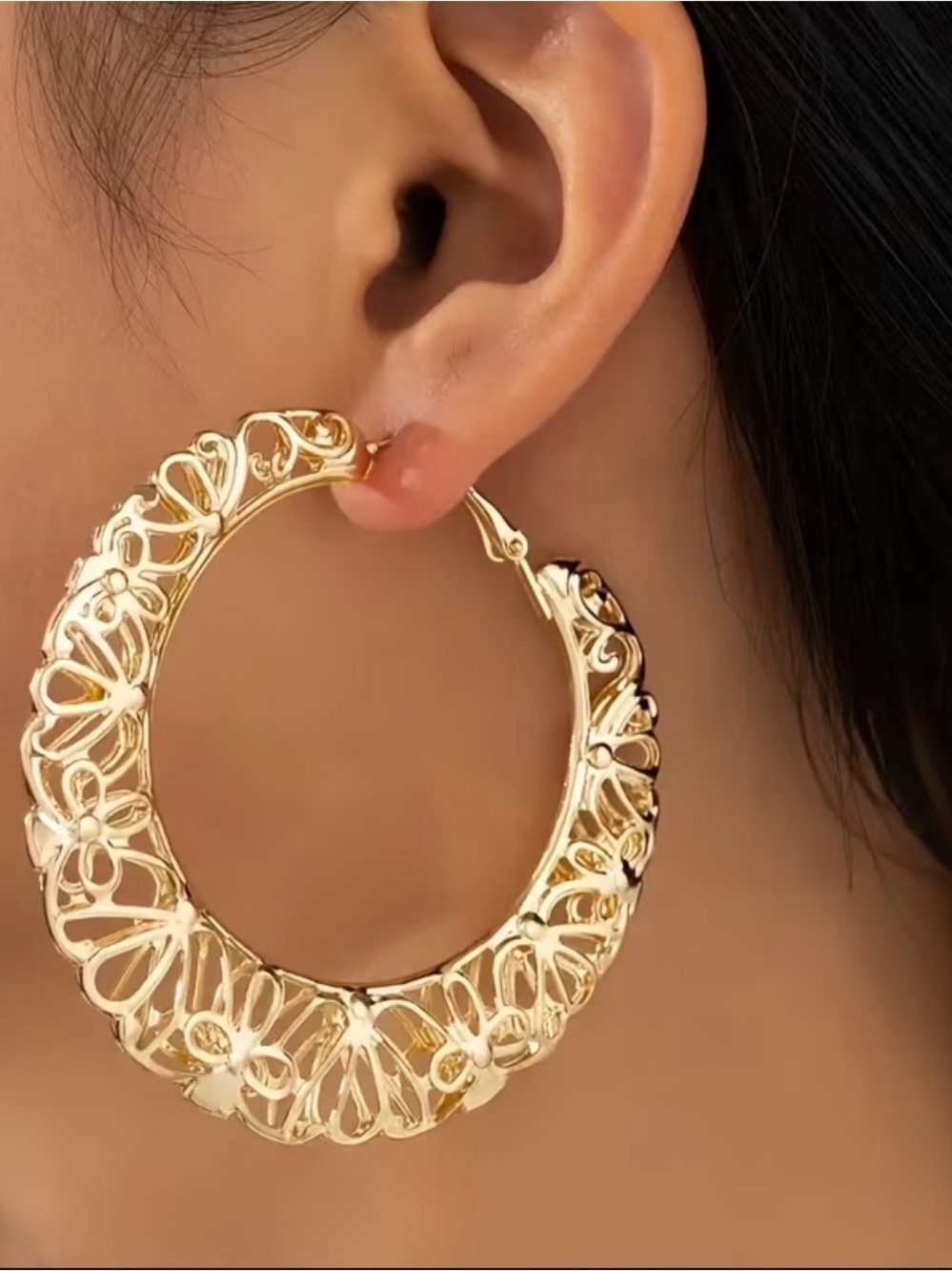 Gold Floral Filigree Hoop Earrings - Women Jewelry